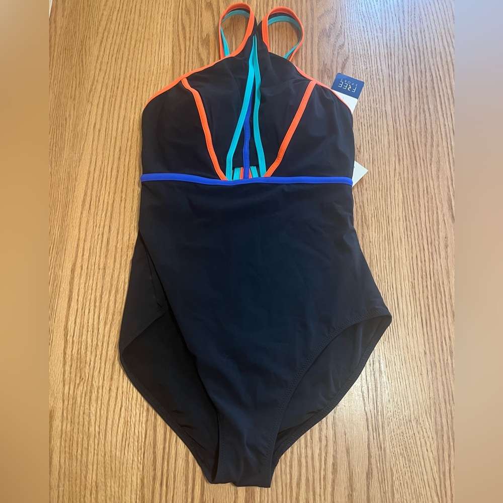 Gottex Black One-Piece Swimsuit with Orange and Blue Trim